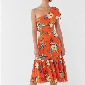 UO floral linen one-shoulder ruffle midi dress